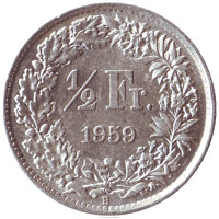 Монета 1/2 франка. 1959 год, Швейцария.