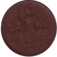 Монета 5 сантимов. 1898 год, Франция. Новый тип.