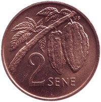 Ореховая ветвь. Монета 2 сене. 1974 год, Самоа. UNC.