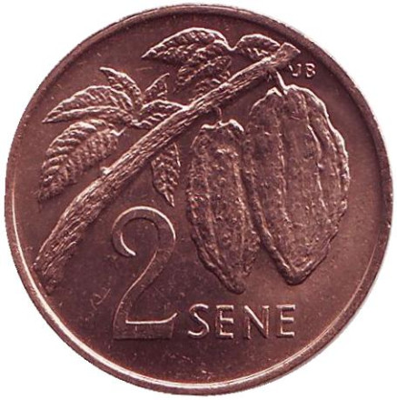 Монета 2 сене. 1974 год, Самоа. UNC. Ореховая ветвь.