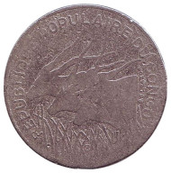 Монета 100 франков. 1982 год, Конго. Африканские антилопы. (Западные канны). Монета 100 франков. 1982 год, Конго. Африканские антилопы. (Западные канны).