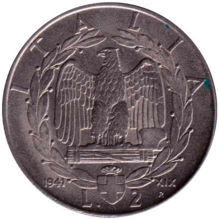 Монета 2 лиры. 1941 год, Италия.