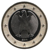 Монета 1 евро. 2011 год (J), Германия. Монета 1 евро. 2011 год (J), Германия.