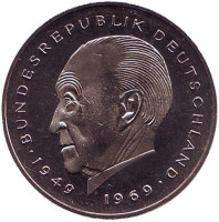 Конрад Аденауэр. Монета 2 марки. 1979 год (J), ФРГ. UNC.