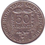 Монета 50 франков. 1995 год, Западные Африканские штаты. Монета 50 франков. 1995 год, Западные Африканские штаты.