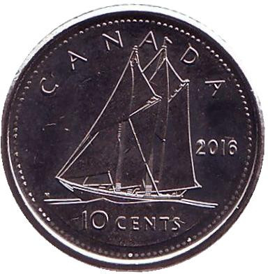 Монета 10 центов. 2016 год, Канада. Парусник.