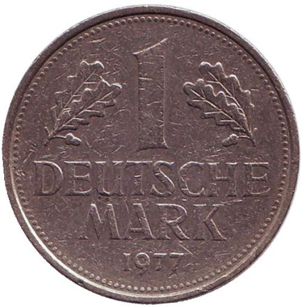 Монета 1 марка. 1977 год (G), ФРГ. Из обращения.