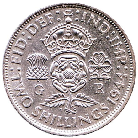 Монета 2 шиллинга. 1944 год, Великобритания.