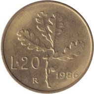 Монета 20 лир. 1986 год, Италия. Дубовая ветвь. Монета 20 лир. 1986 год, Италия. Дубовая ветвь.