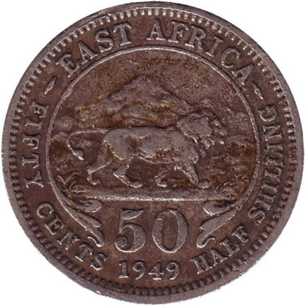 Монета 50 центов. 1949 год, Британская Восточная Африка. Состояние - F. Лев.