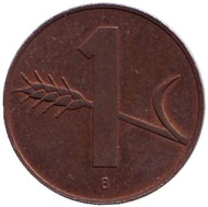 Монета 1 раппен. 1958 год, Швейцария. Монета 1 раппен. 1958 год, Швейцария.