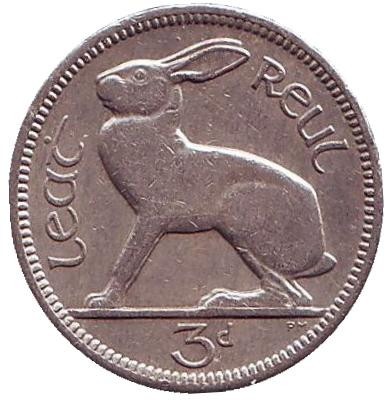 Монета 3 пенса. 1949 год, Ирландия. Заяц.