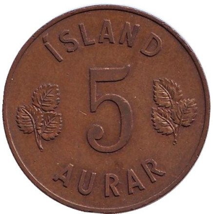 Монета 5 аураров. 1963 год, Исландия.