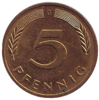 Дубовые листья. Монета 5 пфеннигов. 1996 год (G), ФРГ.