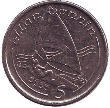 Монета 5 пенсов. 1991 год (AB), Остров Мэн. Виндсерфинг.
