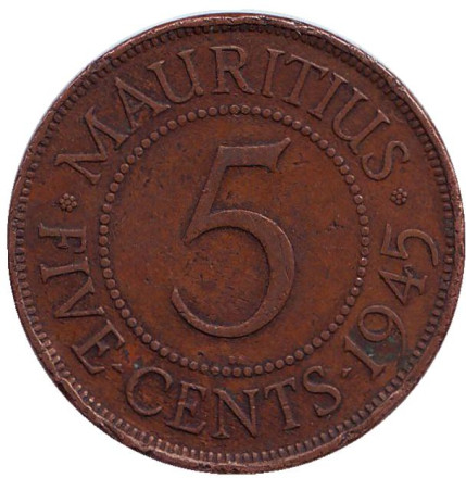 Монета 5 центов. 1945 год, Маврикий.
