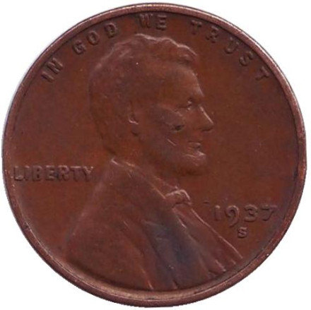 Монета 1 цент. 1937 год (S), США. Линкольн.