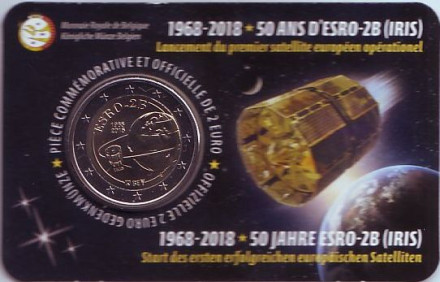 Монета 2 евро. 2018 год, Бельгия. (Надпись: Belgique) 50-летие запуска первого европейского спутника ESRO 2B.