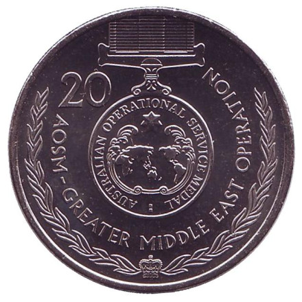 Монета 20 центов. 2017 год, Австралия. Медаль австралийской оперативной службы. Легенды АНЗАК.