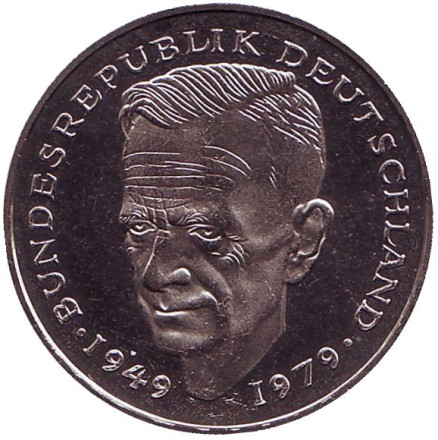 Монета 2 марки. 1979 год (J), ФРГ. UNC. Курт Шумахер.