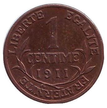 Монета 1 сантим. 1911 год, Франция.