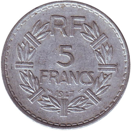 Монета 5 франков. 1947 год, Франция.
