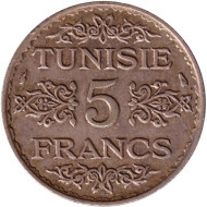 Монета 5 франков. 1936 год, Тунис. Монета 5 франков. 1936 год, Тунис.