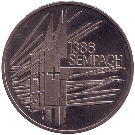 Монета 5 франков. 1986 год, Швейцария. 500 лет битве при Земпахе.