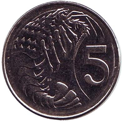Монета 5 центов. 2008 год, Каймановы острова. Розово-пятнистая креветка.