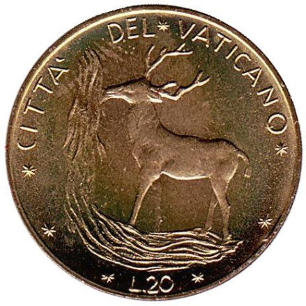 Монета 20 лир. 1972 год, Ватикан. Благородный олень.