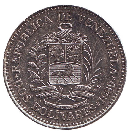 Монета 2 боливара. 1989 год, Венесуэла. (Мелкий шрифт)