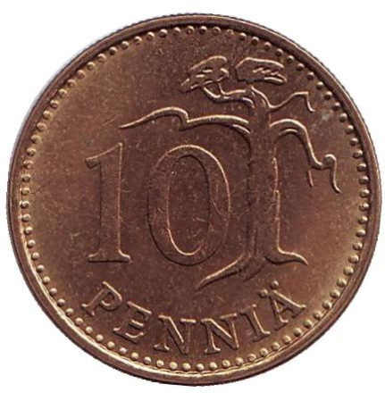 Монета 10 пенни. 1968 год, Финляндия.
