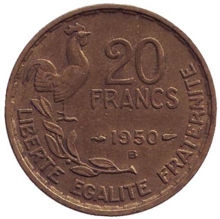 Монета 20 франков. 1950 (B) год, Франция. "G. GUIRAUD", 3 пера.