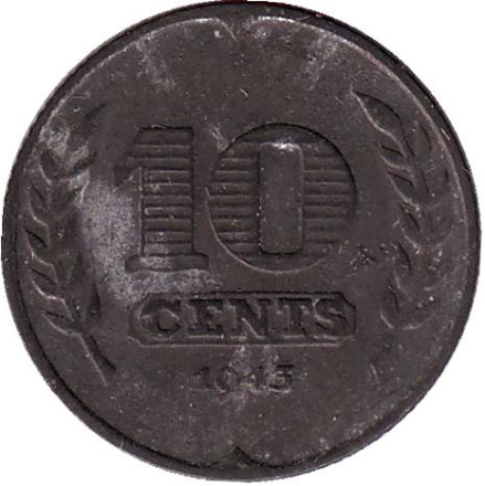 Монета 10 центов. 1943 год, Нидерланды. Состояние - F.