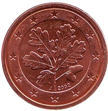 Монета 1 цент. 2002 год (J), Германия.