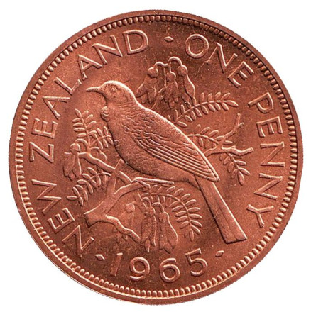 Монета 1 пенни. 1965 год, Новая Зеландия. UNC. Новозеландский туи.