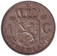 Монета 1 гульден. 1957 год, Нидерланды. Монета 1 гульден. 1957 год, Нидерланды.