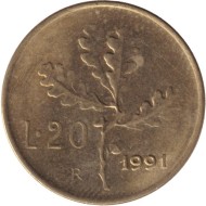 Монета 20 лир. 1991 год, Италия. Дубовая ветвь. Монета 20 лир. 1991 год, Италия. Дубовая ветвь.