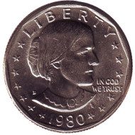 Монета 1 доллар, 1980 год, США. Монетный двор D. Сьюзен Энтони. Монета 1 доллар, 1980 год, США. Монетный двор D. Сьюзен Энтони.