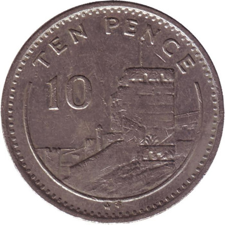 Мавританский замок. Монета 10 пенсов. 1988 год (AB), Гибралтар.