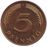 Дубовые листья. Монета 5 пфеннигов. 1996 год (J), ФРГ.