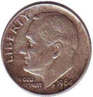 Рузвельт. Монета 10 центов. 1964 год, США. Без обозначения монетного двора.