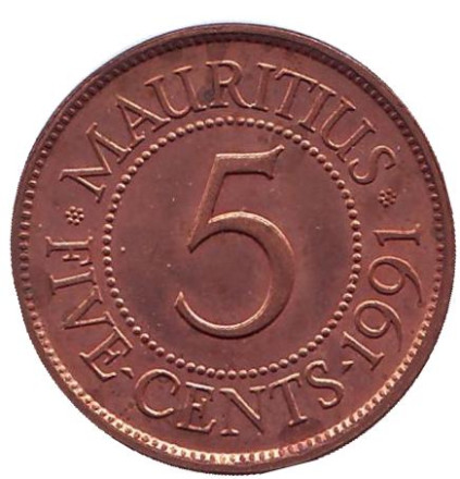 Монета 5 центов. 1991 год, Маврикий.