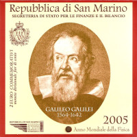 Всемирный год физики. Галилео Галилей. Монета 2 евро. 2005 год, Сан-Марино. (в буклете)