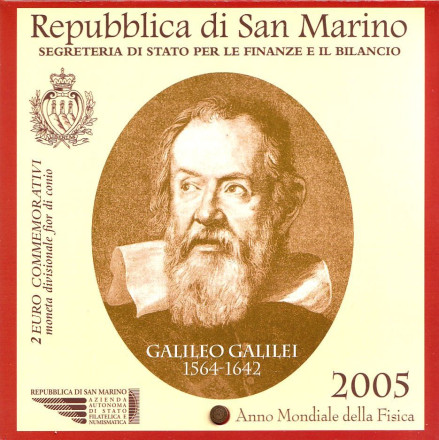 Монета 2 евро. 2005 год, Сан-Марино. (в буклете) Всемирный год физики. Галилео Галилей.