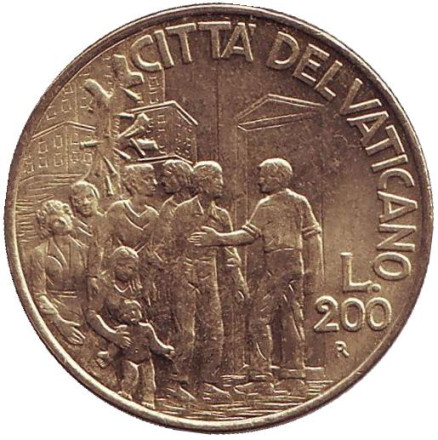 Монета 200 лир. 1994 год, Ватикан. Помощь наркозависимым.