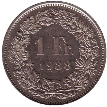 Монета 1 франк. 1988 (В) год, Швейцария. Гельвеция.