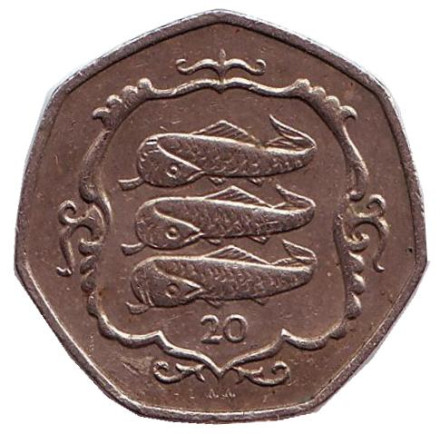 Монета 20 пенсов. 1986 год (AA), Остров Мэн. Атлантическая сельдь.