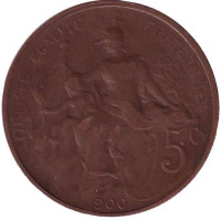 Монета 5 сантимов. 1900 год, Франция.