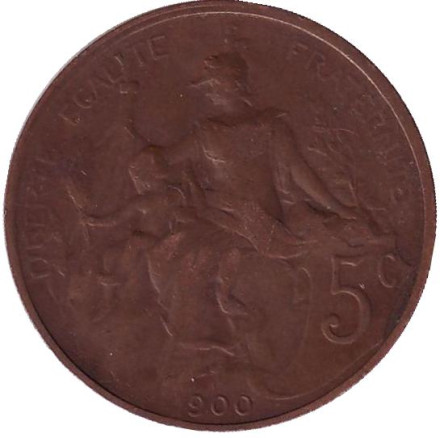 Монета 5 сантимов. 1900 год, Франция.